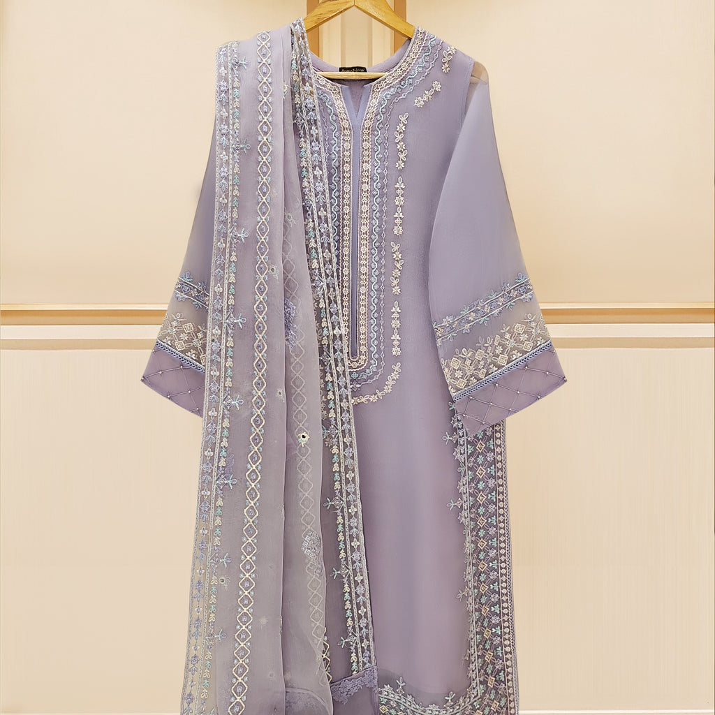 Viscose Organza 3-Piece Suit Set with Hand Embroidery and Silk Pants for Women