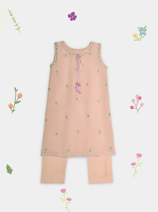 (Kids) 2 Piece - Embroidered Cotton Net Suit KD089