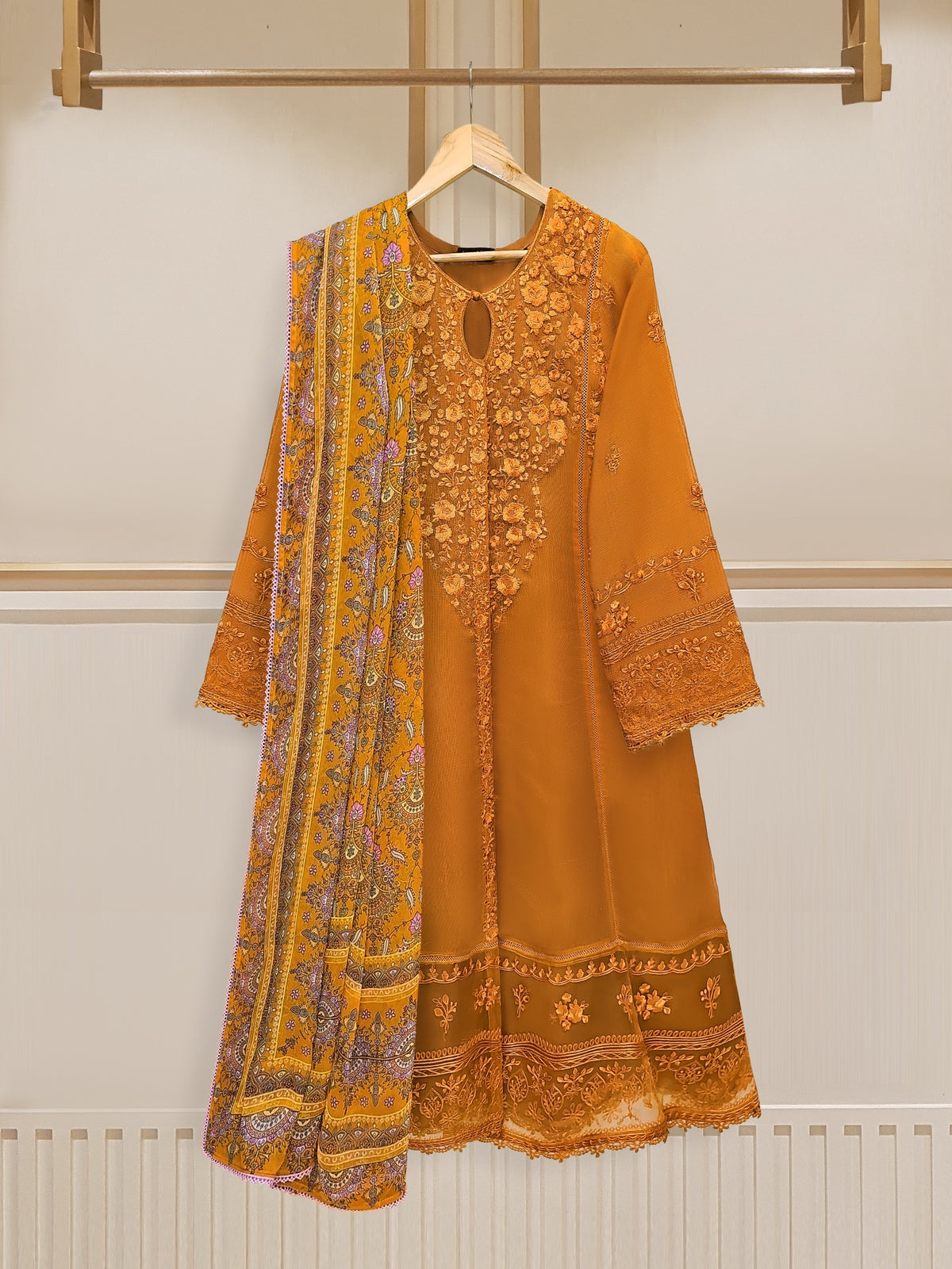 3 Piece - Pure Cotton Net Embroidered Frock S109936