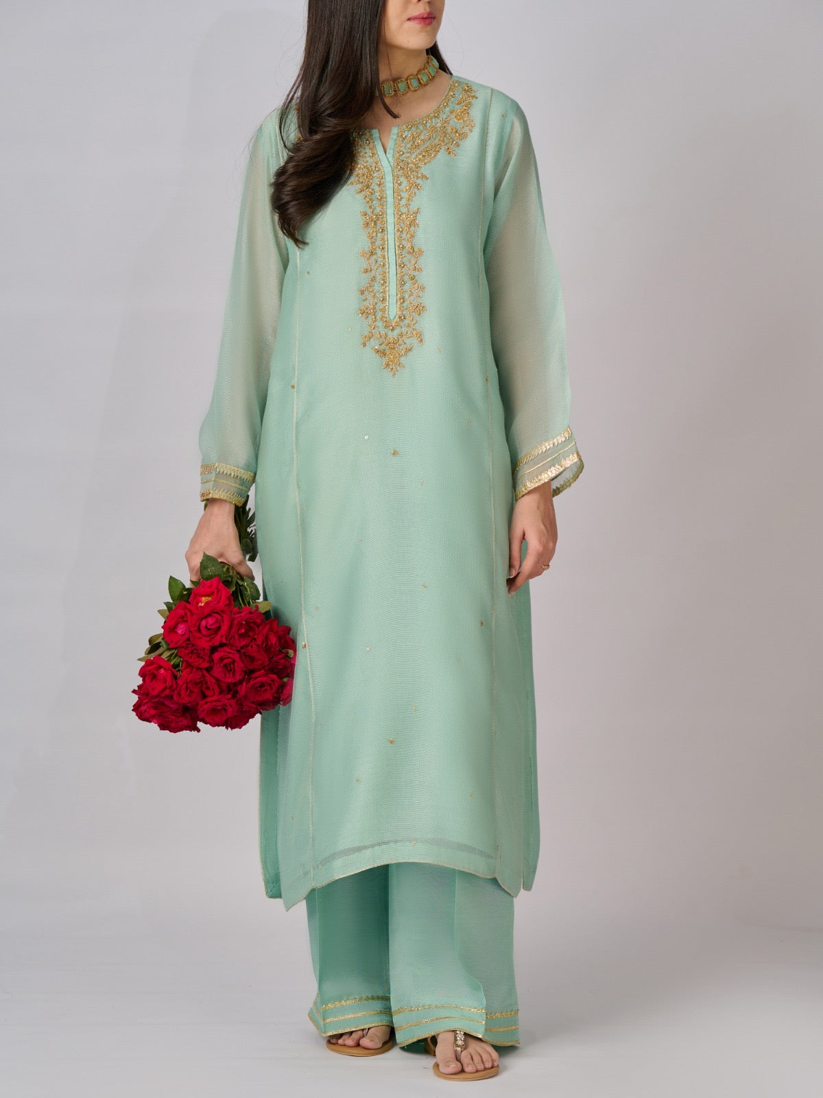2 Piece - Pure Cotton Net Embroidered Suit S110333