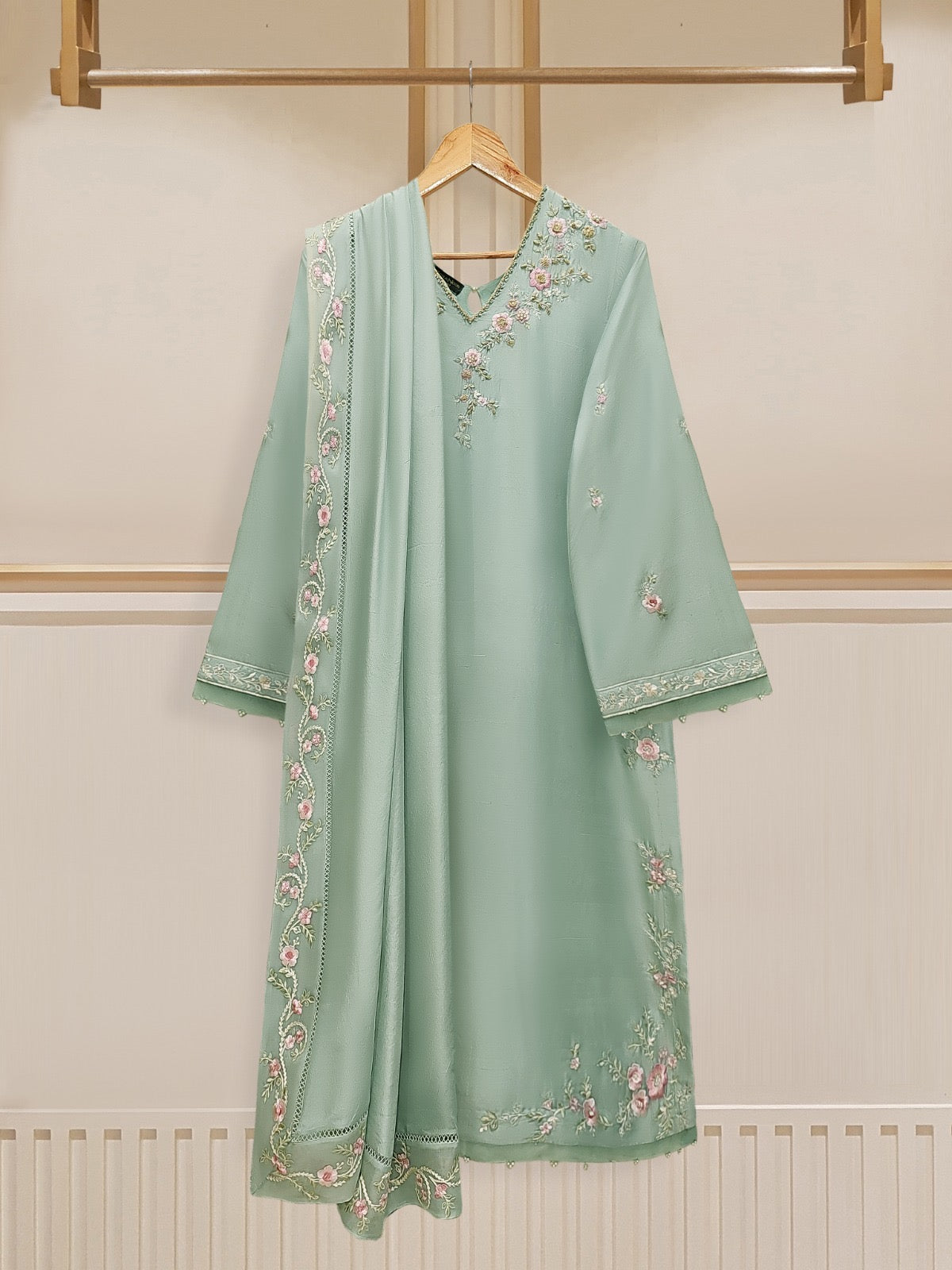 3 Piece - Pure Embroidered  Raw Silk Suit S110142