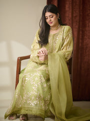 3 Piece - Pure Cotton Net Embroidered Suit S110238