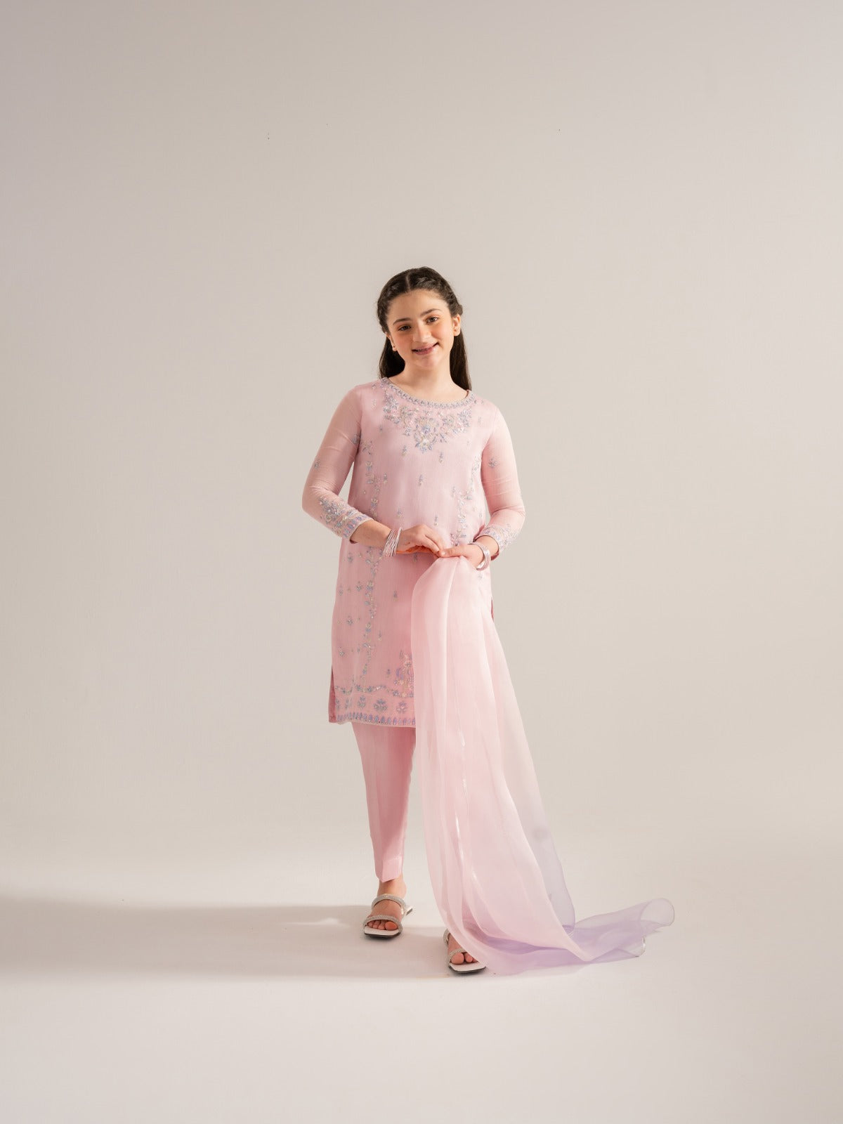 (Kids) 3 Piece - Embroidered Cotton Net Suit KD-022