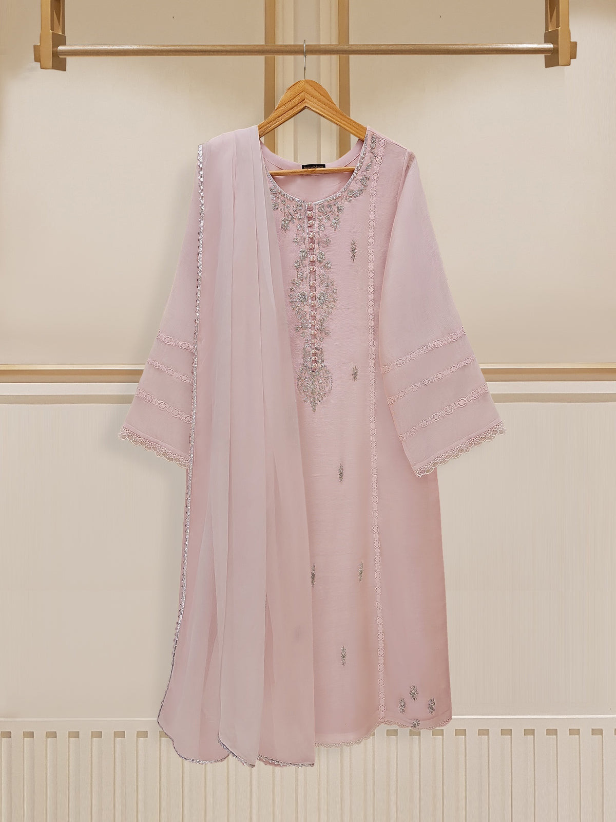 3 Piece - Pure Cotton Net Embroidered Suit S109564