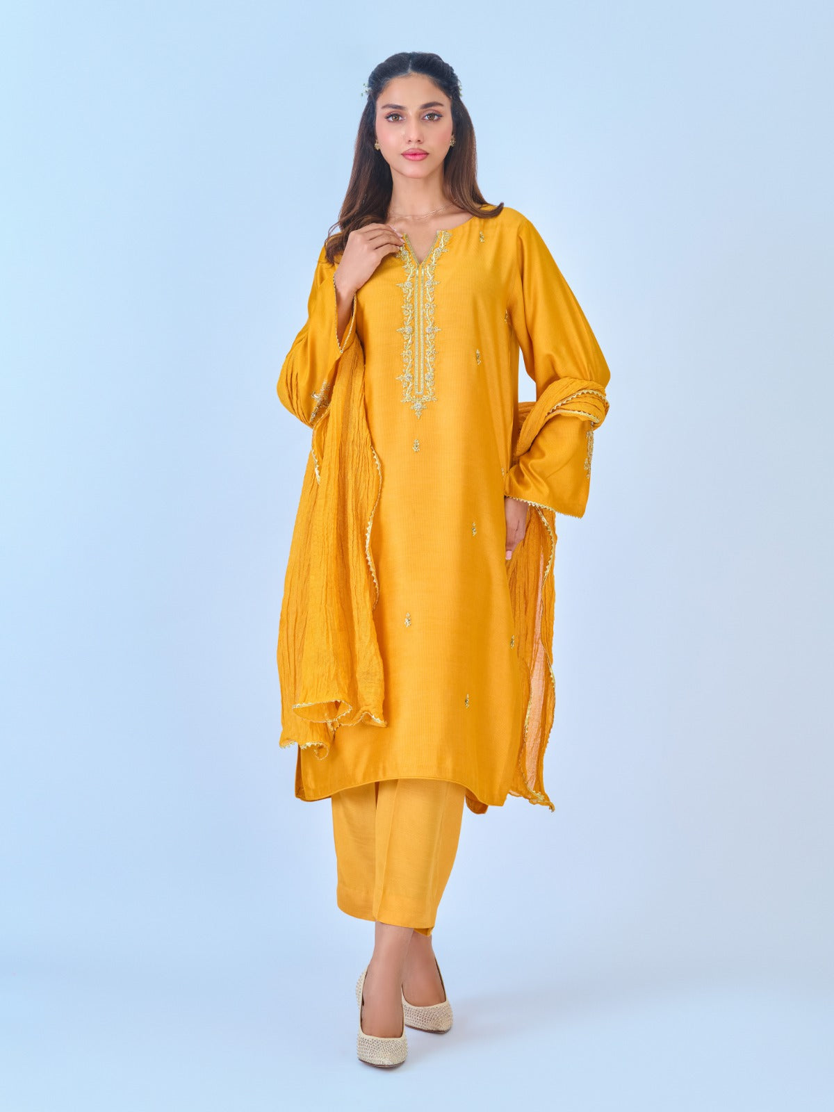 3 Piece- Pure Silk Net Embroidered Suit S109938