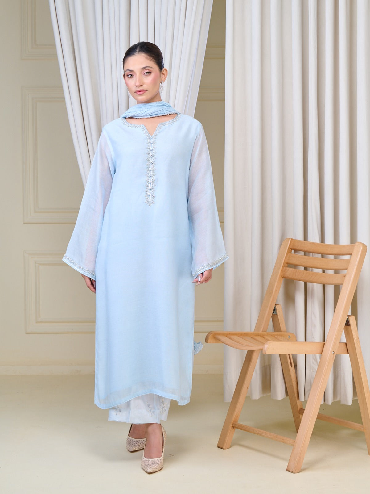 3 Piece - Pure Cotton Net Embroidered Suit S110074