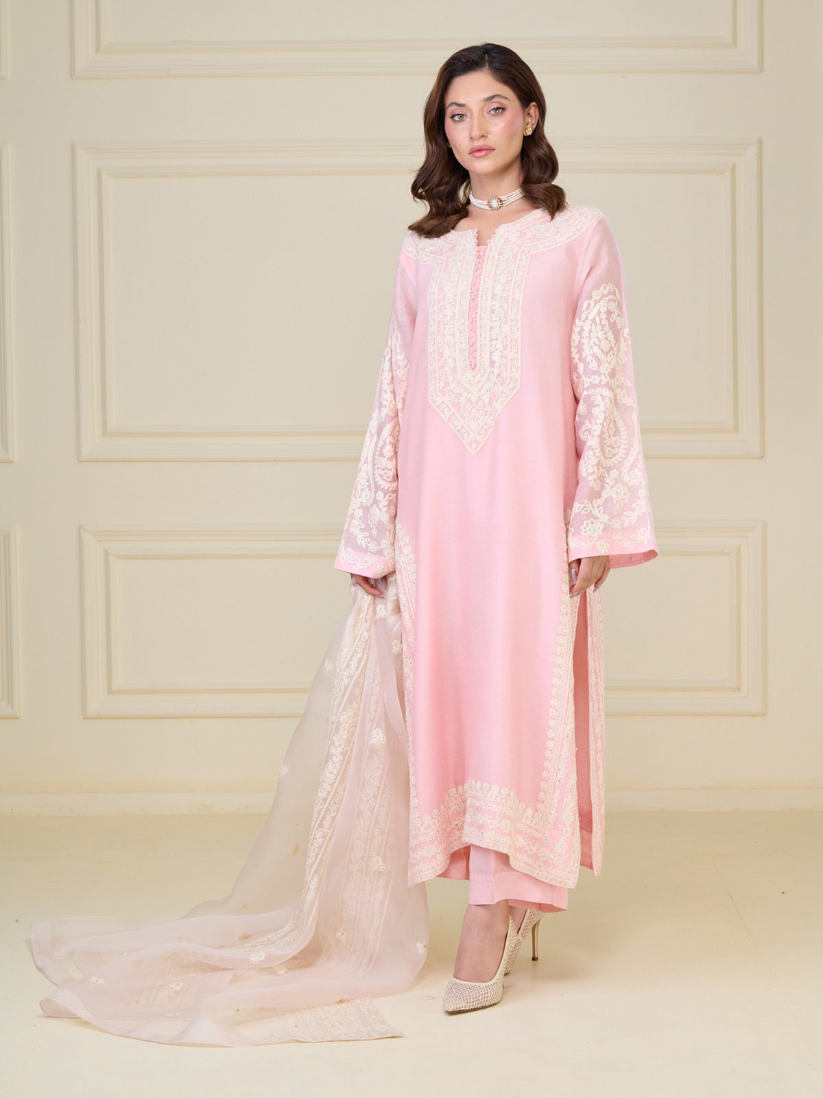 3 Piece - Pure Cotton Net Embroidered Suit S110076