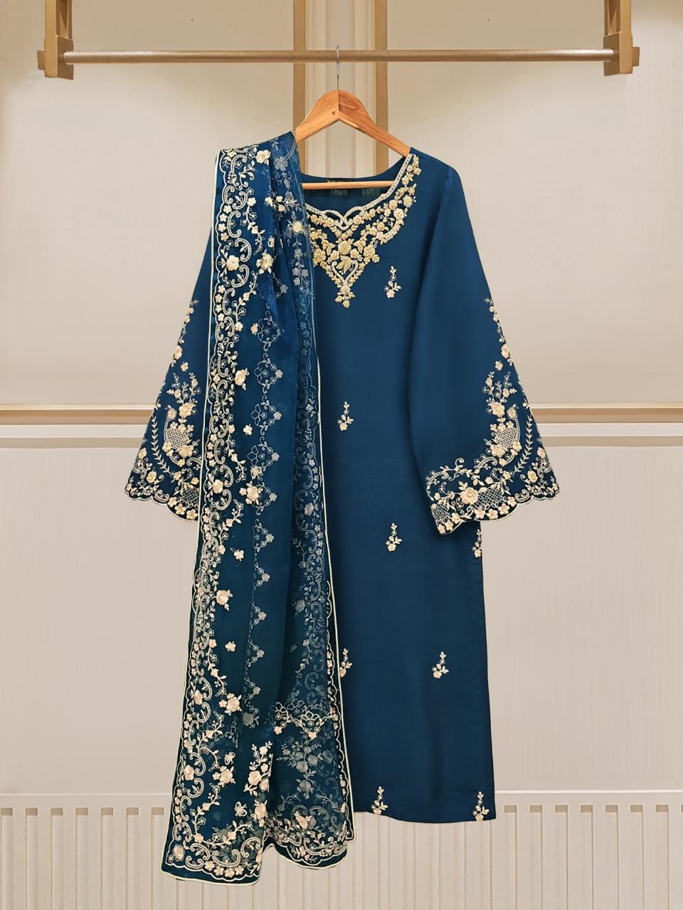 3 Piece - Pure Raw Silk Embroidered Suit S109640