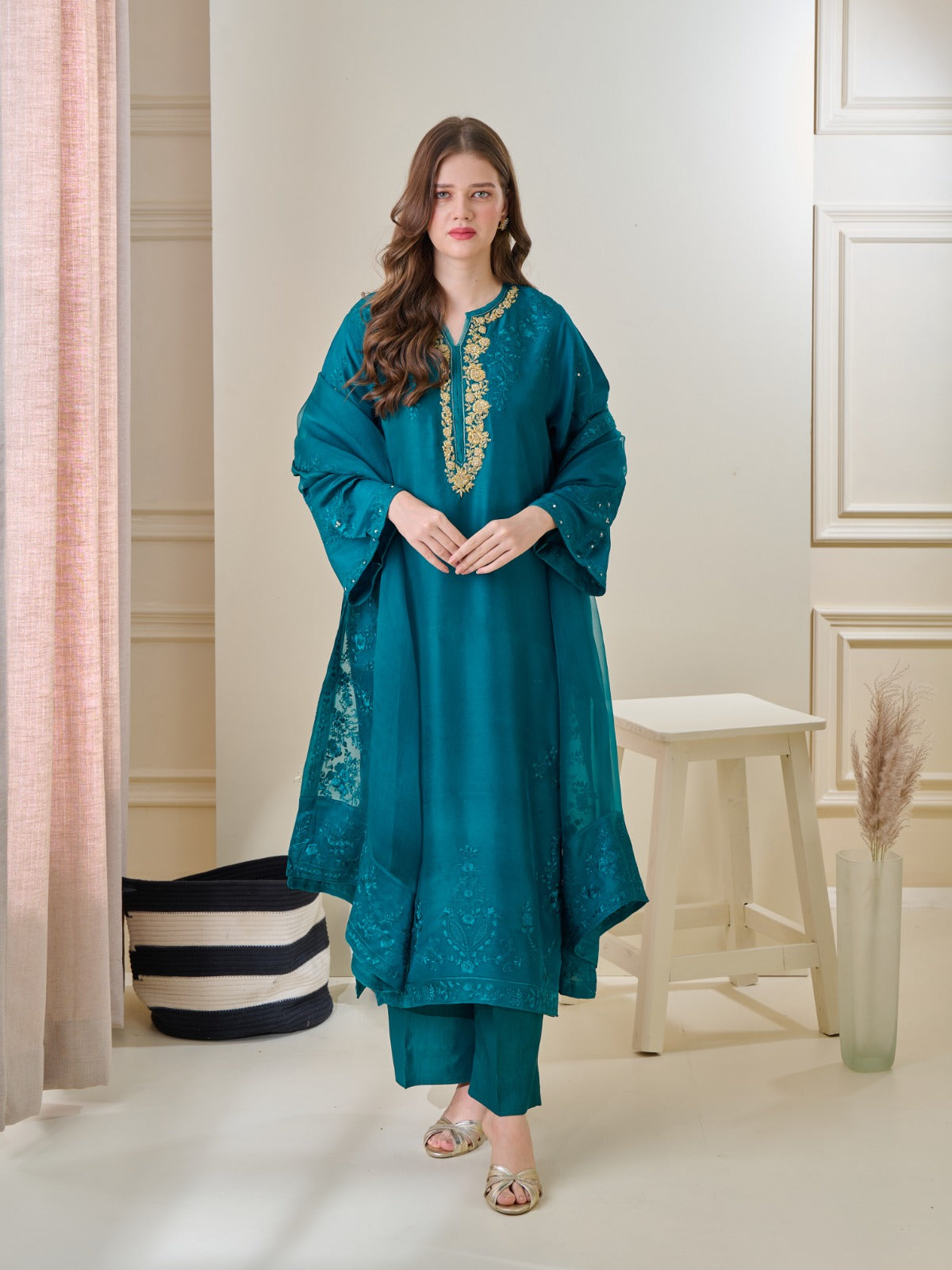 3 Piece - Pure Embroidered  Raw Silk Suit S110132