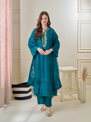 3 Piece - Pure Embroidered  Raw Silk Suit S110132