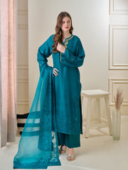 3 Piece - Pure Embroidered  Raw Silk Suit S110132