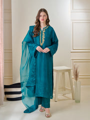 3 Piece - Pure Embroidered  Raw Silk Suit S110132