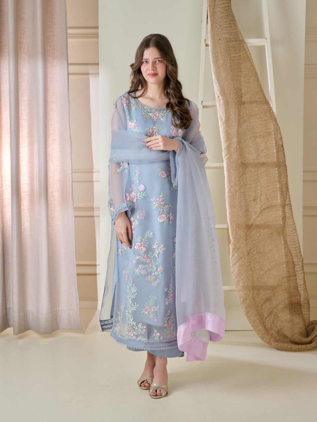 3 Piece - Pure Organza Embroidered Suit S110173