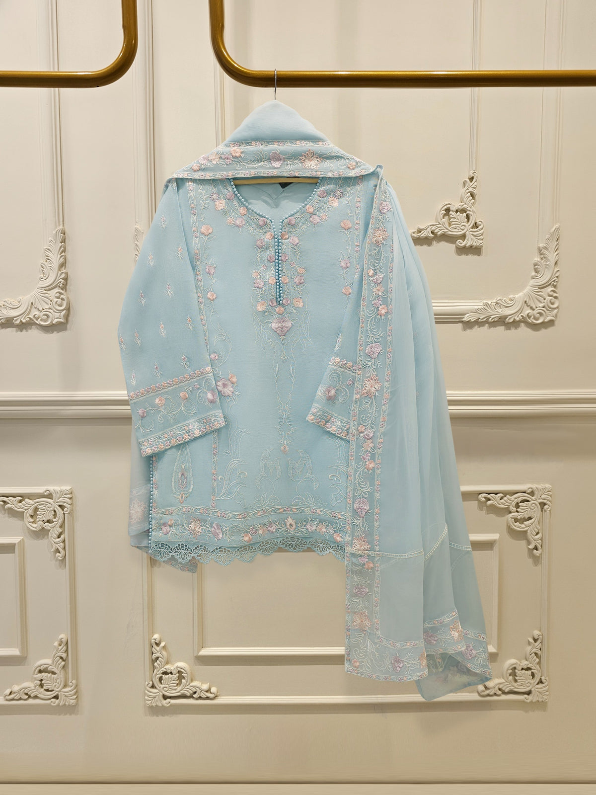 3 Piece - Pure Embroidered Cotton Net Suit S112446