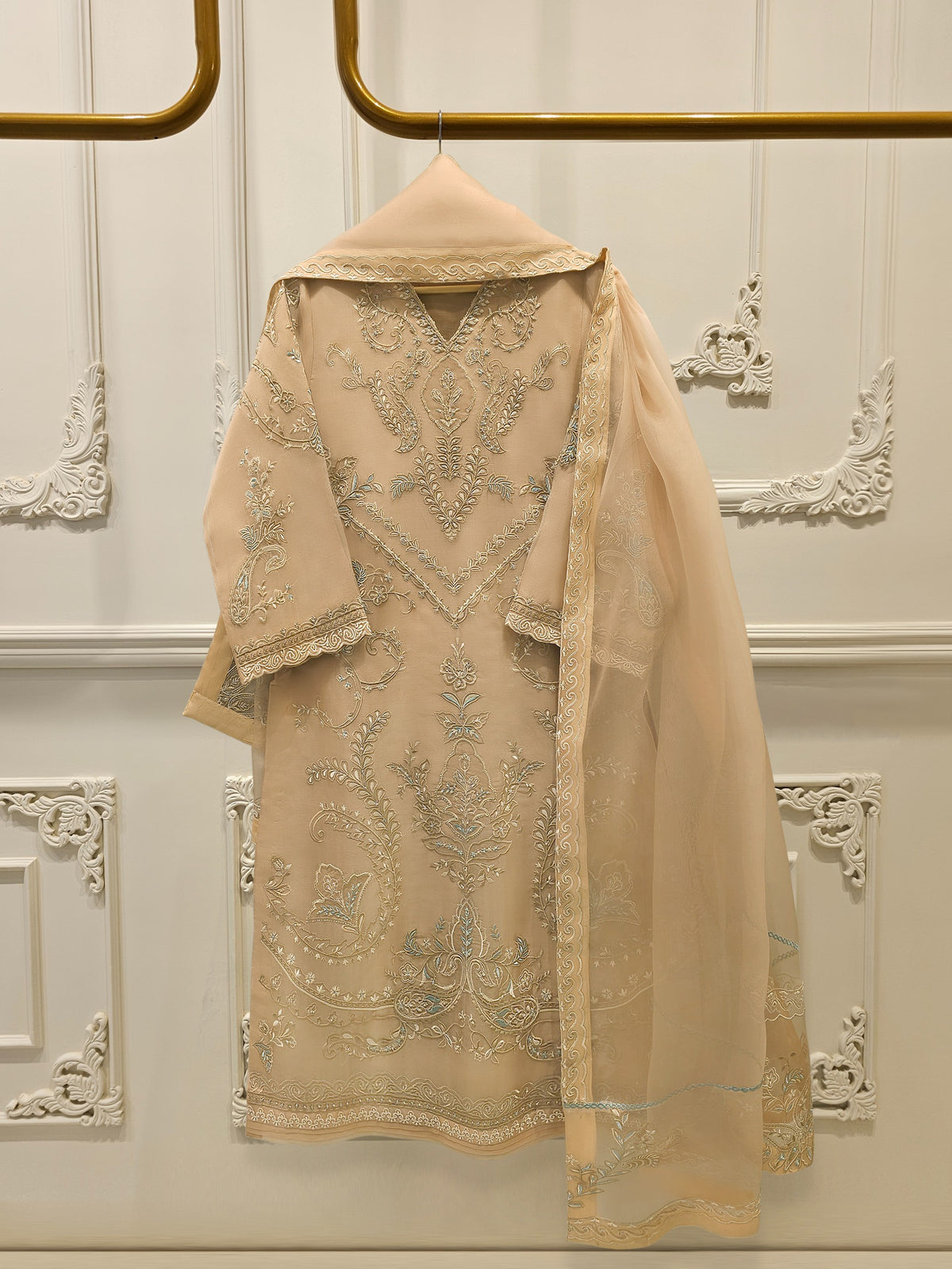 3 Piece - Pure Organza Embroidered Suit S112948