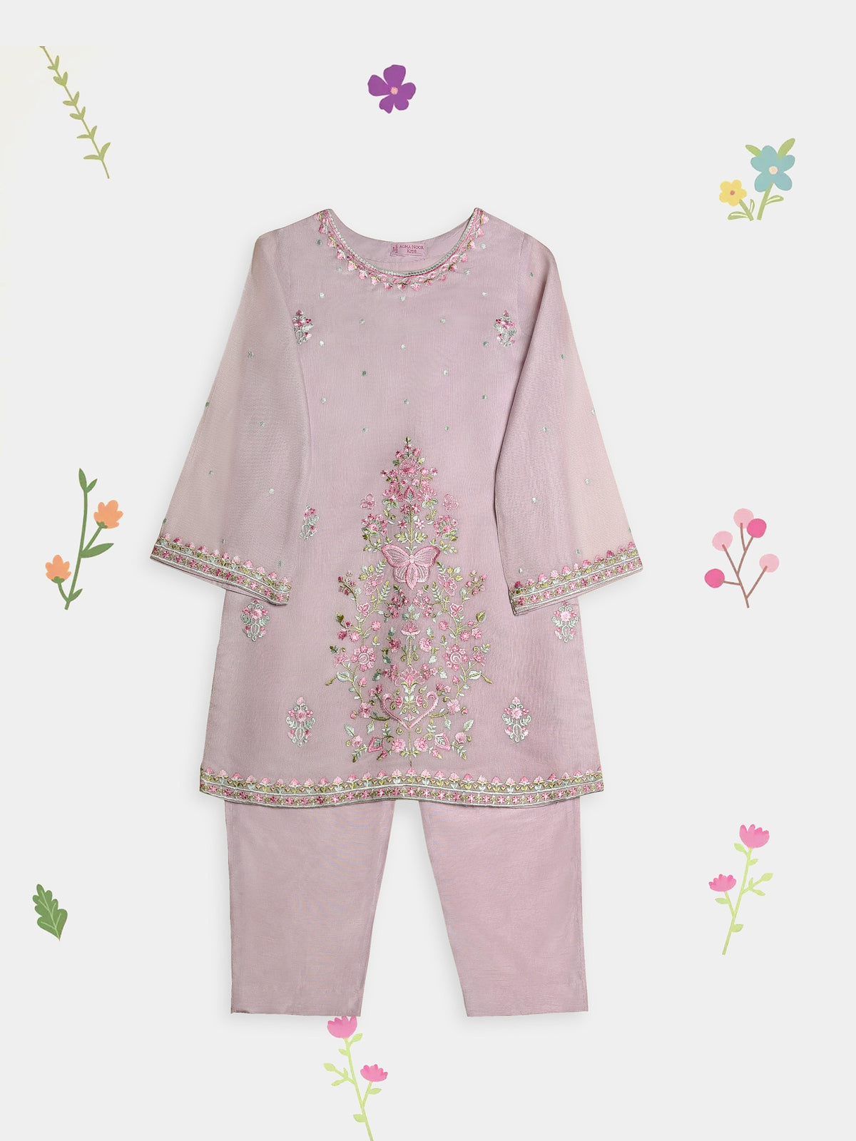 (Kids) 2 Piece - Embroidered Cotton Net Suit KD096