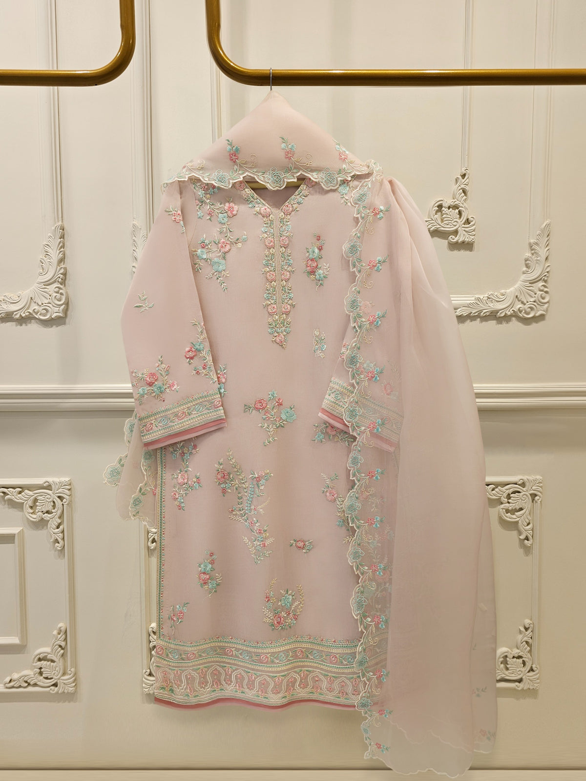 3 Piece - Pure Organza Embroidered Suit S114193