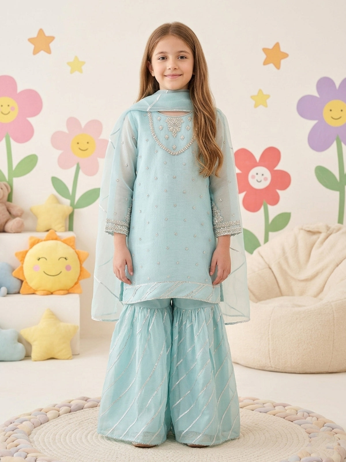 (Kids) 3 Piece - Embroidered Organza Suit KD-025