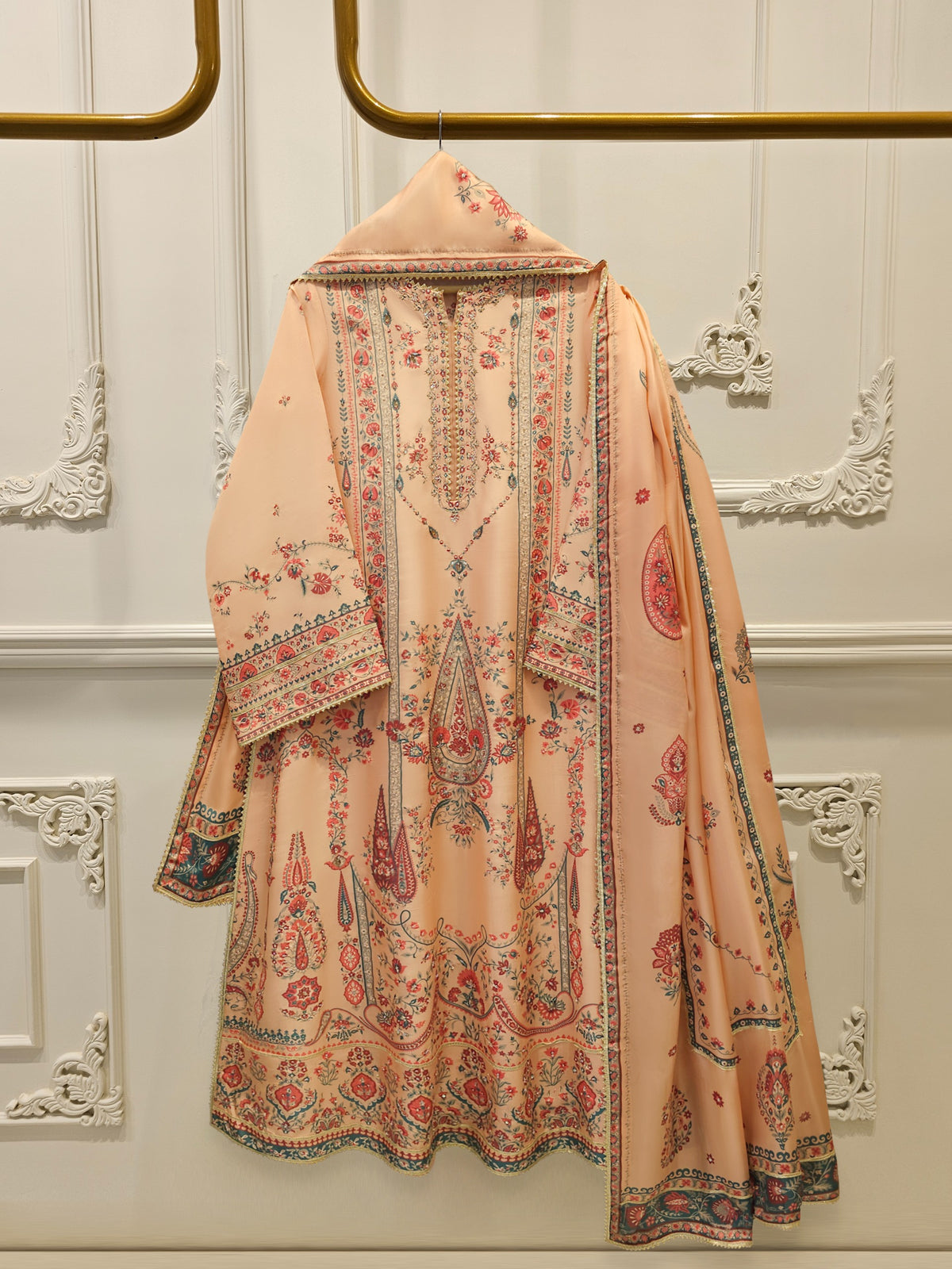3 Piece- Pure Printed Raw Silk Embroidered Suit S114516