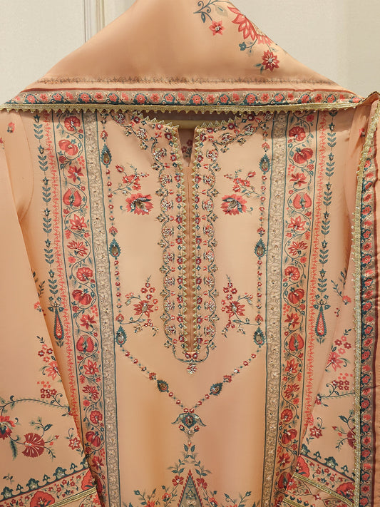 3 Piece- Pure Printed Raw Silk Embroidered Suit S114516