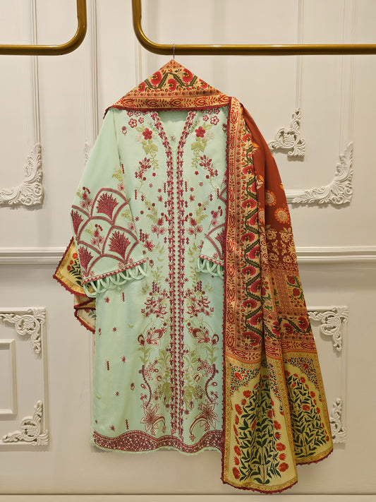 3 Piece- Pure Korean Silk Embroidered Suit S115570