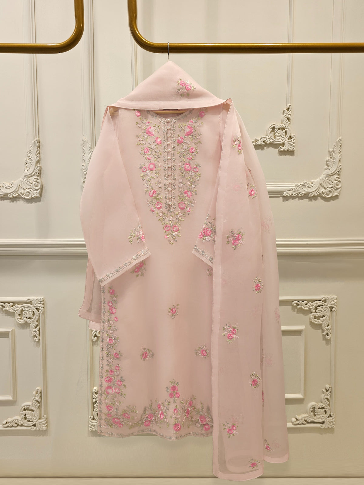 3 Piece - Pure Organza Embroidered Suit S112430