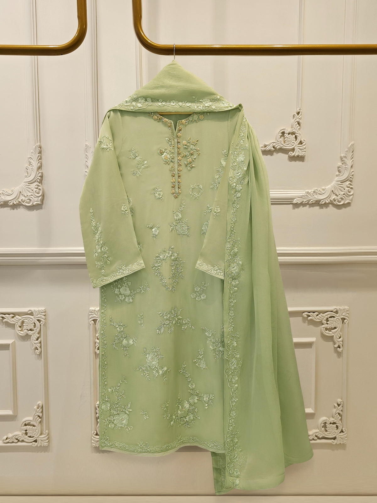 3 Piece - Pure Chiffon Embroidered Suit S112784