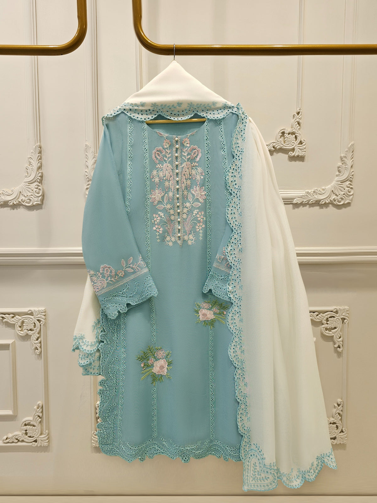 3 Piece - Pure Embroidered Cotton Net Suit S112900