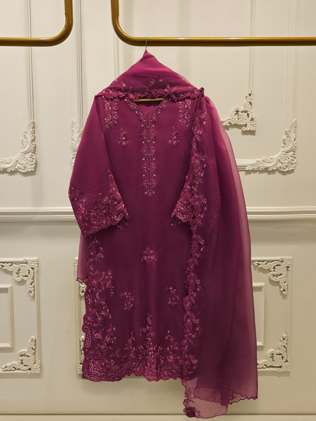3 Piece - Pure Organza Embroidered Suit S112915