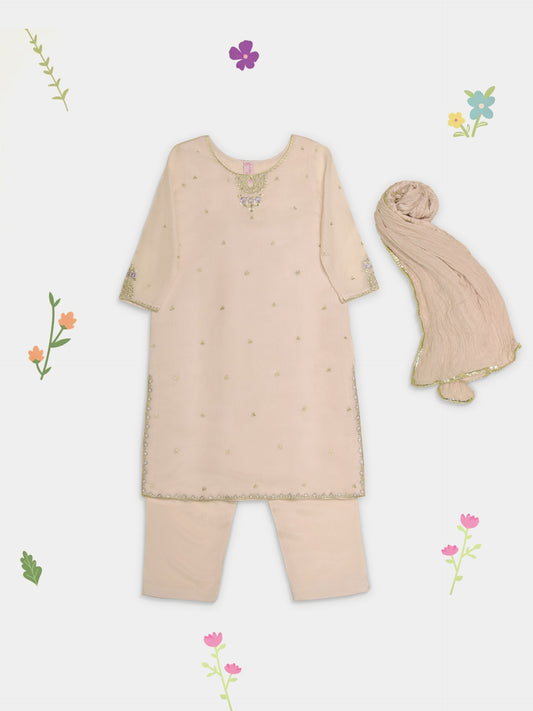(Kids) 3 Piece - Embroidered Cotton Net Suit BRK-04