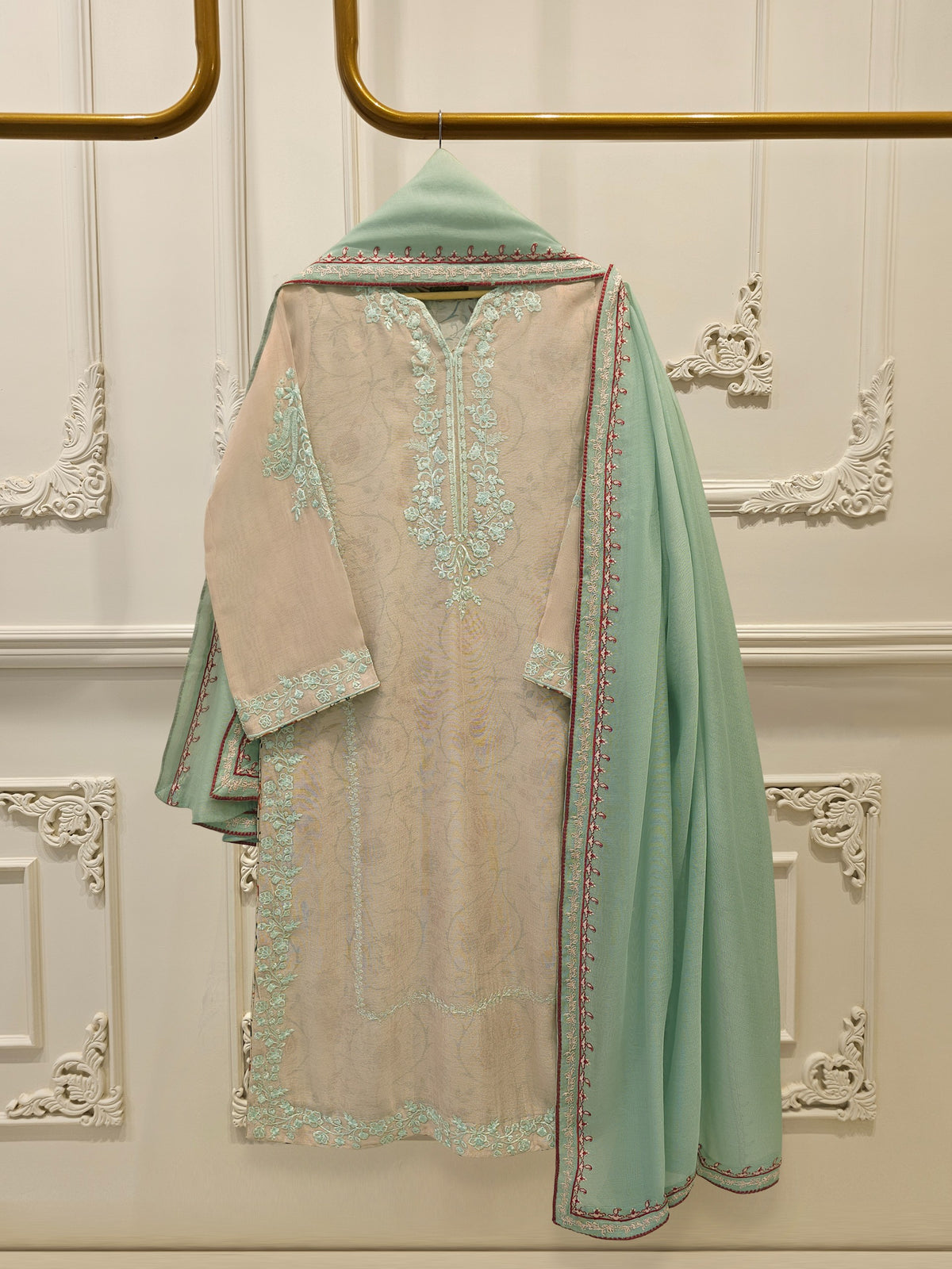 3 Piece - Pure Embroidered Cotton Net Suit S112976