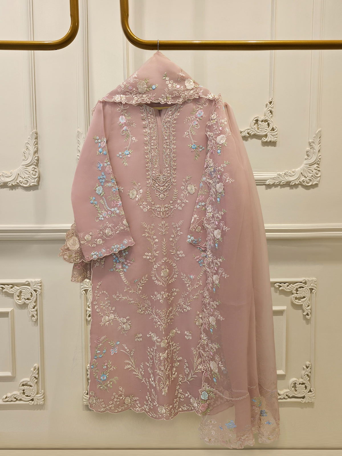 3 Piece - Pure Organza Embroidered Suit S114272