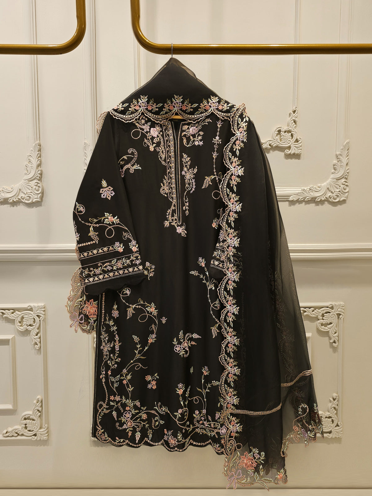3 Piece- Pure  Shisha Silk Embroidered Suit S115087