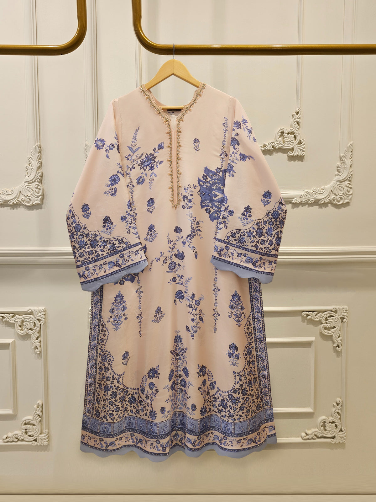 2 Piece Pure Printed Khaddi Silk – Peach & Blue Floral Suit S115547